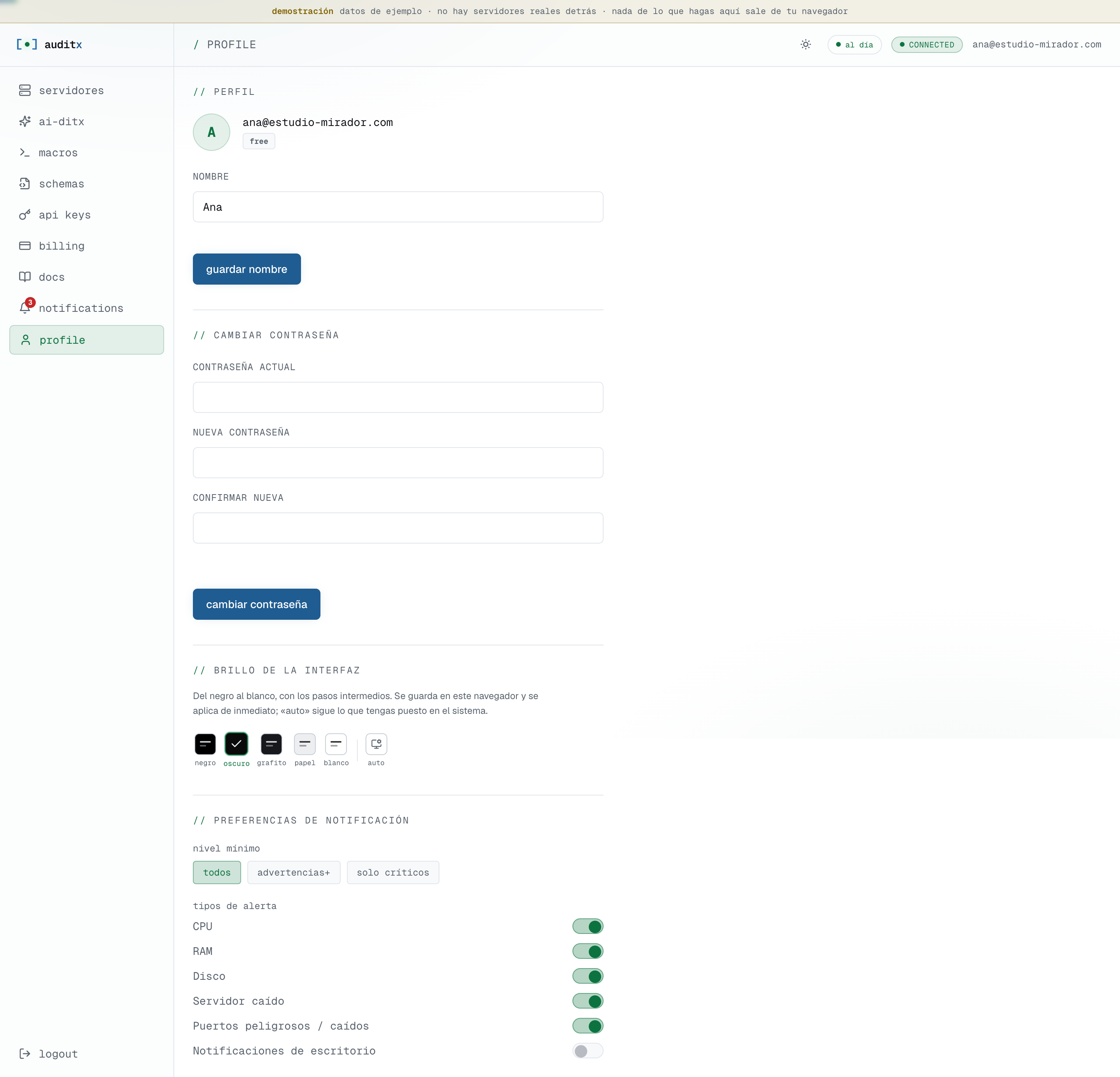 Perfil del usuario — preferencias de notificación