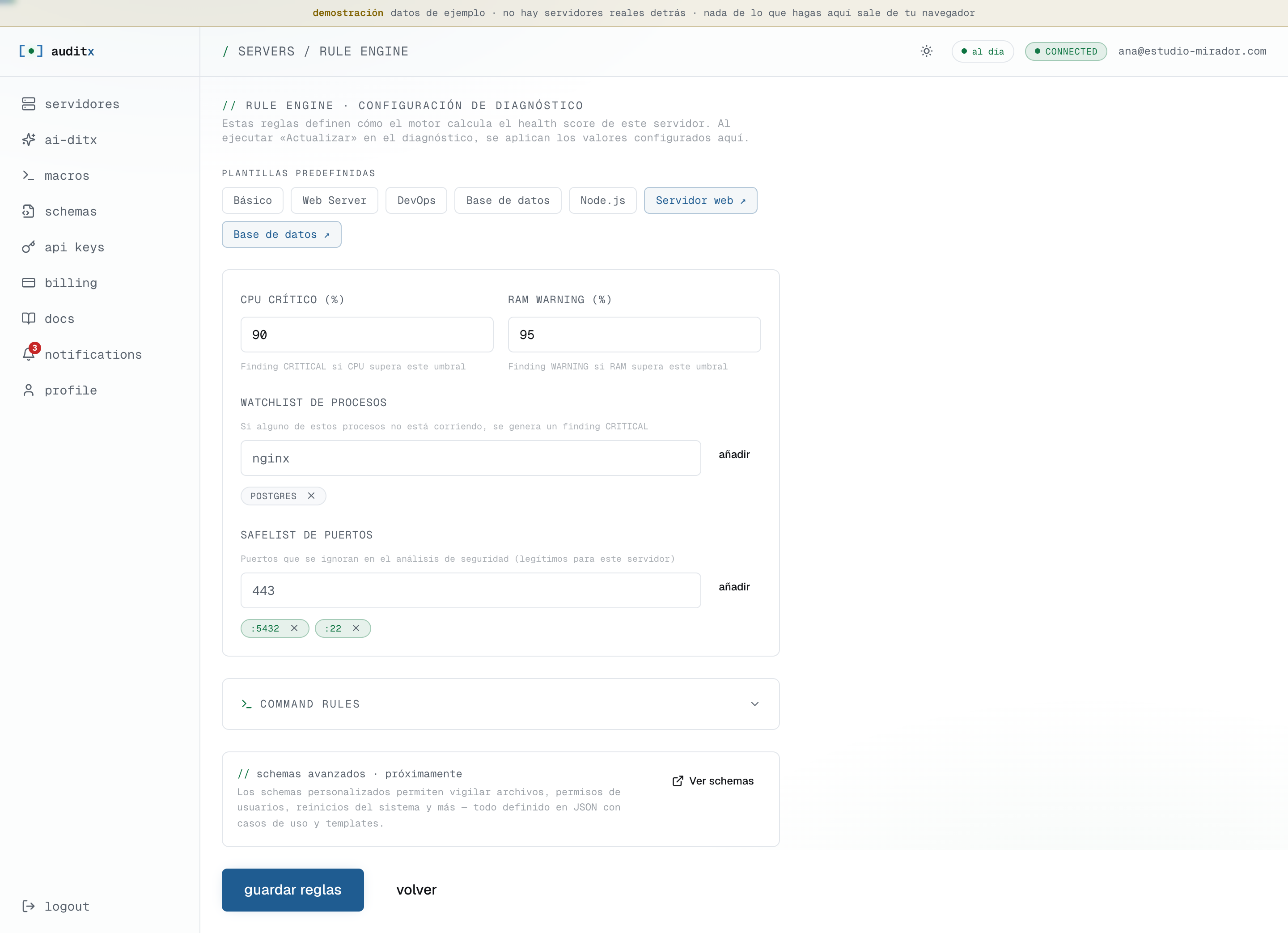 Editor de reglas del servidor con regla de comando